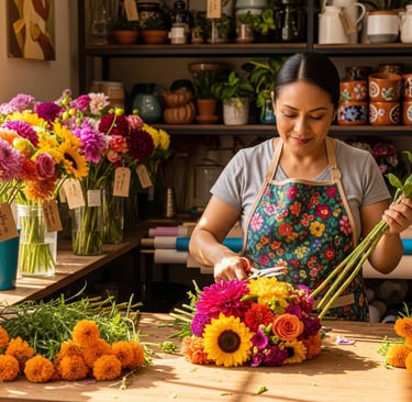 woman florist preparing a flower order