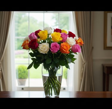 colorful bouquet of flowers in glass  vase on table
