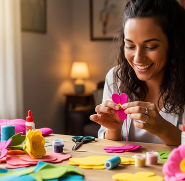woman smiling and making felt flowers