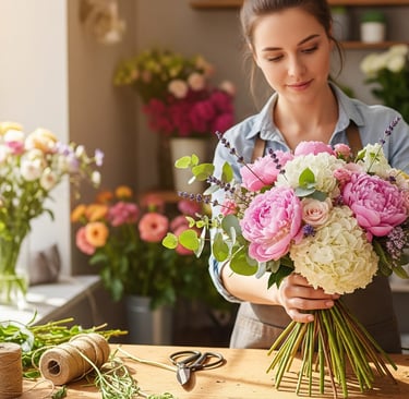 female florist preparing the perfect bouquet 
