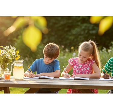 children sat down at outside table writing