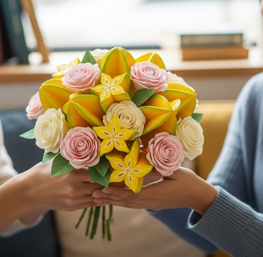 woman giving a bouquet of paper flowers to a friend