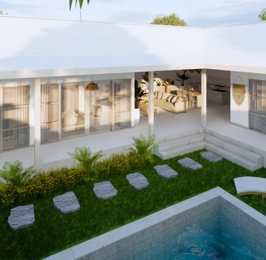 Villa construction in Bali: modern house with living room open to the swimming pool and tropical gar