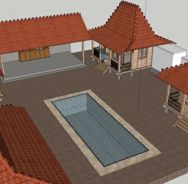 4 joglos complex, terrace with outdoor kitchen and swimming pool