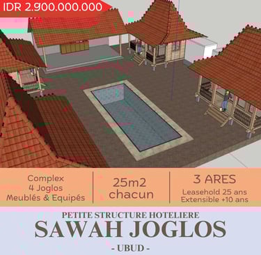 Construction de villas à Bali: complexe hôtelier Sawah Joglos à Ubud, 4 bungalows avec piscine