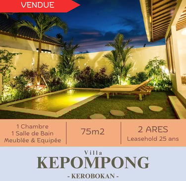 Construction de villas à Bali: Villa Kepompong vendue, 75m², jardin tropical illuminé à Kerobokan