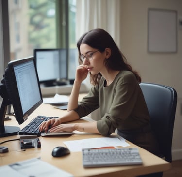 a woman sitting at a desk with a computer monitor and a keyboard