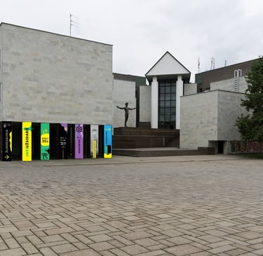Colourful external banner on the columns of the Žilinskis building.