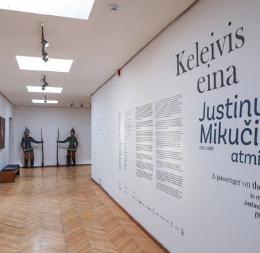 Įejimas į parodą. Matosi eksponuojamos kareivių skulptūros, pilkos spalvos lipdukai su Mikučio frazėmis ant vienos sienos ir
