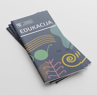 Brochure cover for education. Dark blue, with graphical illustration.