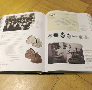 An open book. Text, photos and beer labels. 