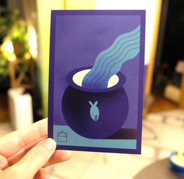 Postcard with a illustration of a ceramic pot, fish and water. 