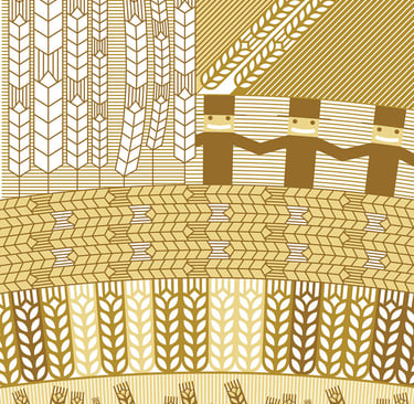 Geometrical illustration for the book. Beer colors, people, abstract fields.
