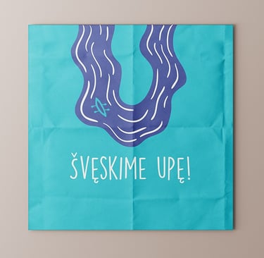 Festival logotype. River U letter shape, blue colour with small canoe.