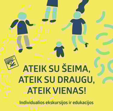 Illustration of the people on yelow bacground and text: Come with your family, come with a friend, come alone..