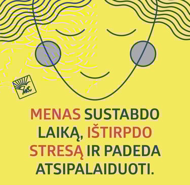 Calm linear face drawing on the yelow background and text: Art stops time, relieves stress and helps you relax.