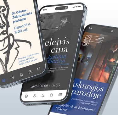 Socialinių tinklų reklamos pavyzdžiai. Naudojamos kūrinių nuotraukos, nuotraukos iš atidarymo. naudojamos pilkos spalvos atsp