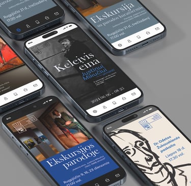 Socialinių tinklų reklamos pavyzdžiai telefonų ekranuose. Naudojamos kūrinių nuotraukos, nuotraukos iš atidarymo. naudojamos
