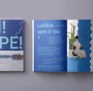 Magazine cover and open pages. On the cover you can see large text: Ei, upe. And a photo: fishermen is fishing in the river.l