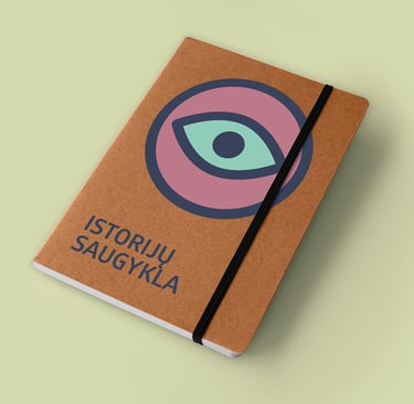 Notebook with a aye drawing and text: repository of stories
