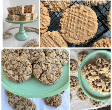 a collage of cookies and cookies on a cake stand