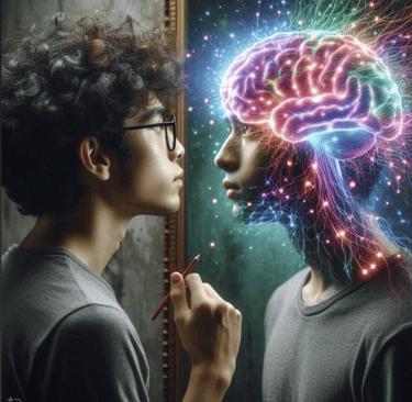 Personne qui decouvre son fonctionnement cérébral en se regardant dans un mirroir