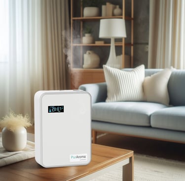  A WB150 PurAroma diffuser emits mist on a wooden table in a living room.