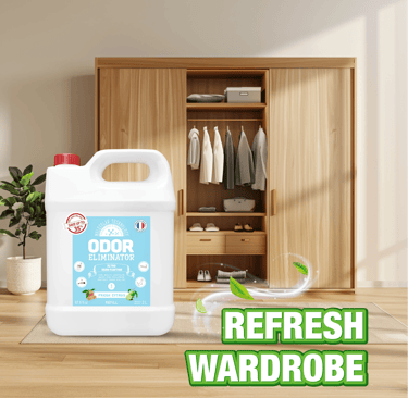 Text: "ODOR ELIMINATOR," "REFRESH WARDROBE." Bottle stands near an open closet.