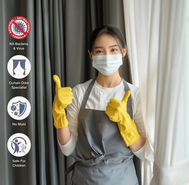  A hotel staff member, wearing a mask and yellow gloves, gives a thumbs-up.