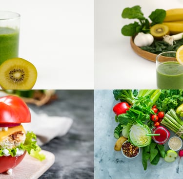 a variety of food items including a sandwich, salad, and a glass of juice