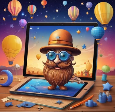 A digital artwork is displayed on a tablet placed on a wooden surface, with a stylus lying beside it. The artwork features a whimsical character wearing a hat and goggles, with a bushy beard and outstretched arm. Surrounding the character are stars, a crescent moon, and several hot air balloons, all set against a gradient background transitioning from blue to yellow.