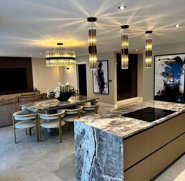 Luxury quartzite kitchen worktops and waterfall island in Dinnington -Ponteland by RH Stone Surfaces