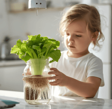 A young girl examines a hydroponic lettuce plant growing in a glass jar with visible roots.