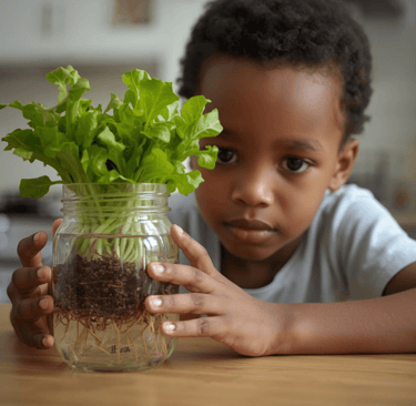 A young boy observing green lettuce growing in a glass jar with visible roots for a home science project.