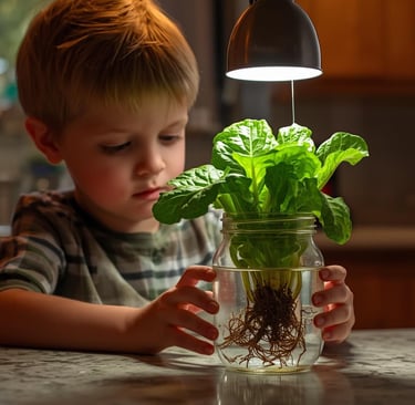 Young kids growing leafty plant in simple hydroponic glass jar