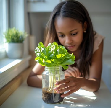 Young kids growing leafty plant in simple hydroponic glass jar