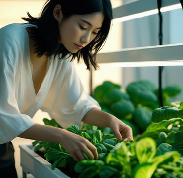 Woman working on hydroponic vegetables