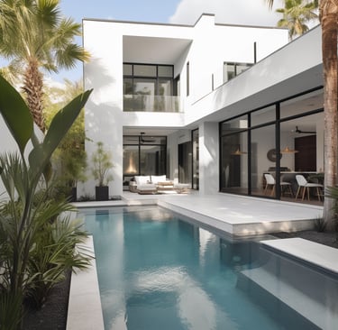a pool with a palm tree and a palm tree