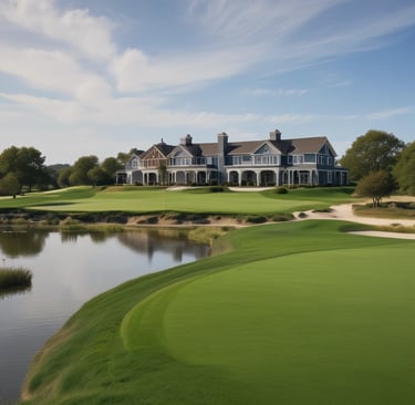 Golf course with clubhouse in background