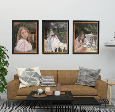 a living room with a couch and a table pastel commande art peinture