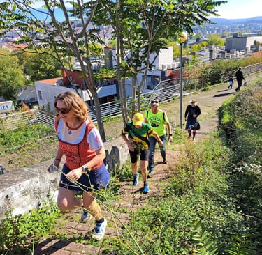 hash people climbing a suburban trail