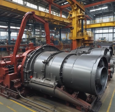 A close-up view of mechanical components featuring a chain and a series of cylindrical parts with golden and red structural elements. The chain is wound around a sprocket, and the parts are supported by a red frame with yellow bolts.