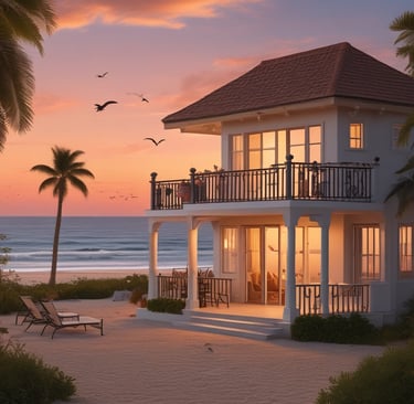 A coastal residential area with modern architecture overlooking the ocean. The scene includes a luxury building labeled 'AURUM', surrounded by well-maintained natural greenery. A road curves along the hillside with several parked cars and more houses extending into the distance. The sky is partly cloudy, blending with the blue of the ocean.