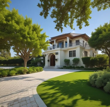 A scenic view of a coastal hillside with multiple large houses and villas surrounded by greenery. A tall palm tree is in the foreground, contrasting with a partially cloudy sky. The architecture consists of cream and earth-toned buildings, some with arched windows.
