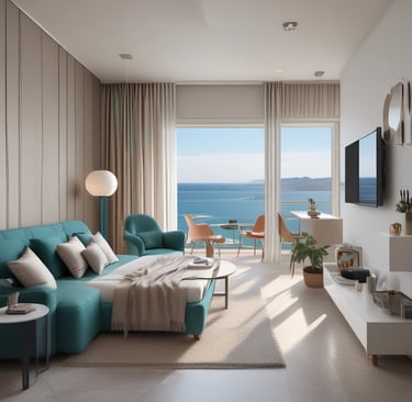 The image features a scenic coastal hillside with a series of modern, multi-story homes and villas nestled among lush green foliage. The architecture is sleek and contemporary with large glass windows and balconies that offer a view of the ocean. The hillside is densely packed with trees and shrubs, creating a verdant backdrop. At the forefront, there is a rocky beach with sand and a stone wall separating the properties from the shoreline.