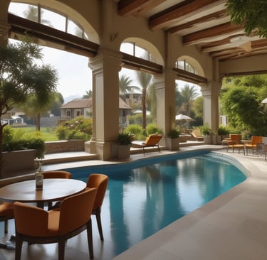 Large red letters spelling 'ALIBAG BEACH' are prominently displayed on a manicured grass platform. The backdrop consists of modern white buildings with red accents surrounded by palm trees. The foreground features a patterned array of concrete structures on a sandy surface.