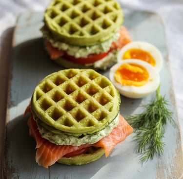 Two keto zucchini waffle sandwiches with smoked salmon, herbed avocado crema,and tomato slices