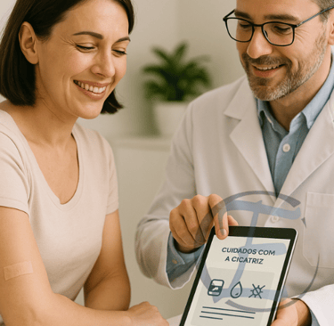 Paciente em pós-operatório de correção de cicatriz recebe orientações médicas.