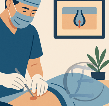 Procedimento ambulatorial para correção de cisto pilonidal com técnica segura e estéril.