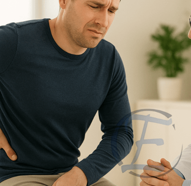 Imagem clínica realista mostrando inchaço e inflamação na região do cóccix compatível com cisto pilo